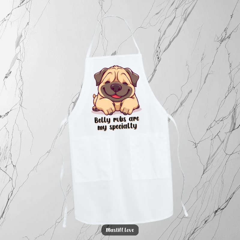 Funny Mastiff Apron: A joyful mastiff in a chef's hat, rolling over for belly rubs, ready to cook up some fun.