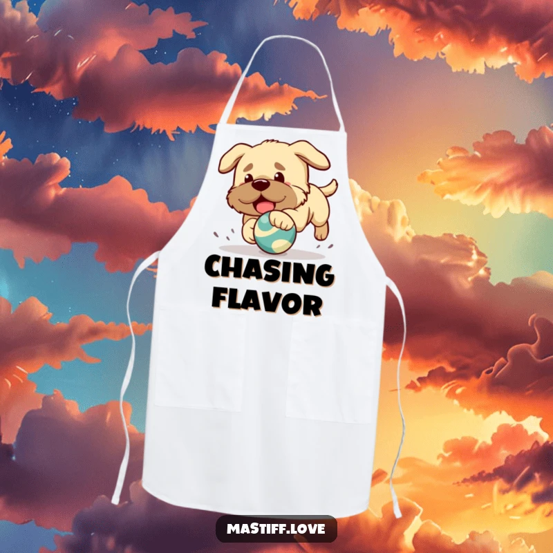 Funny apron with a Kawaii mastiff puppy playfully chasing a bouncing toy, perfect for happy cooking.