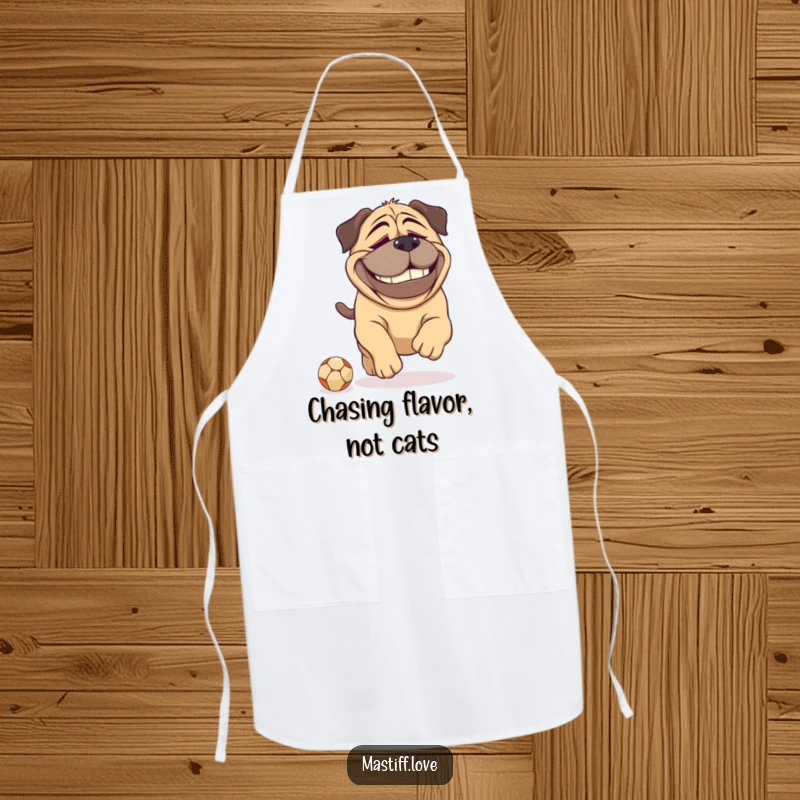Funny Mastiff apron showing a large dog with a dopey grin, humorously chasing a tiny ball, ideal for a comedic kitchen accessory.