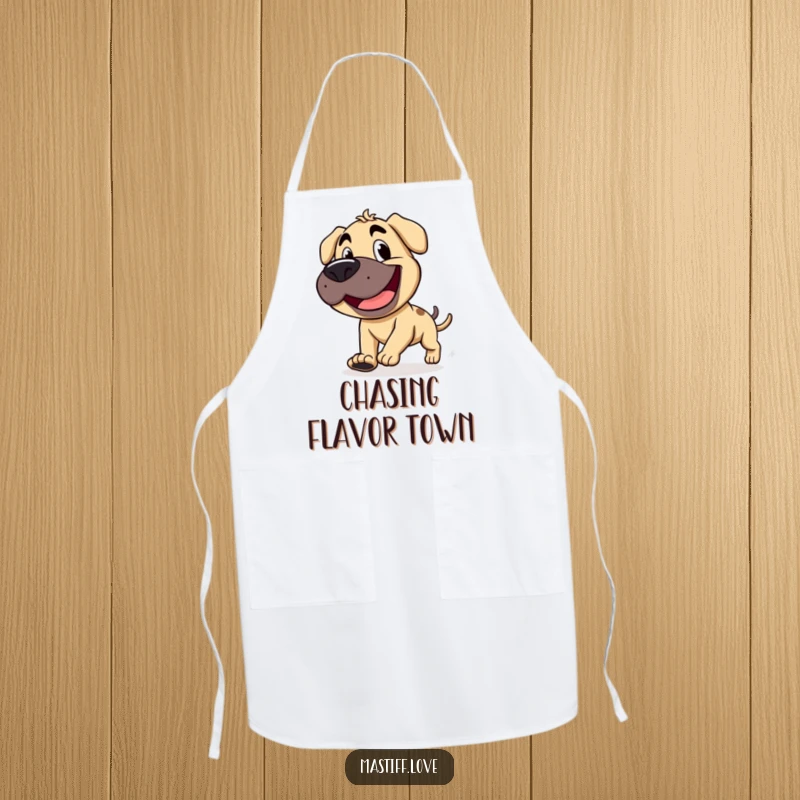 Funny mastiff with a wide, goofy grin, chasing its stubby tail, printed on a kitchen apron for silly cooking.