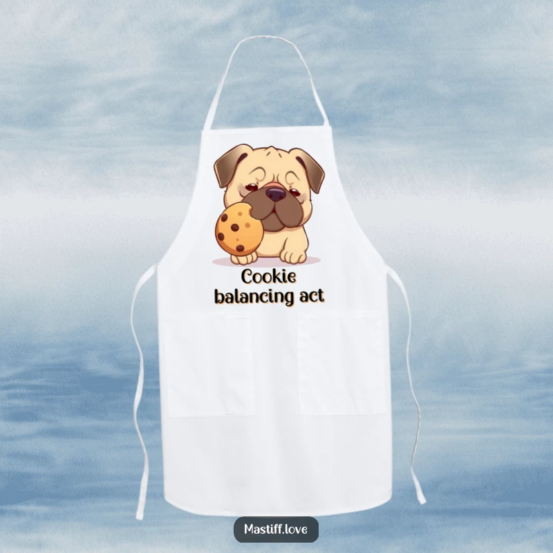 Funny kawaii mastiff apron, a dog attempting to balance a large cookie on its nose, ready for baking.