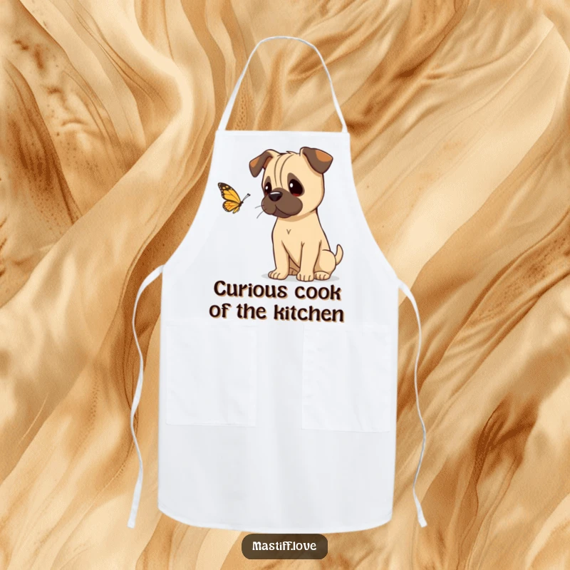 Funny mastiff tilting its head curiously, watching a butterfly, printed on a kitchen apron for thoughtful cooking.