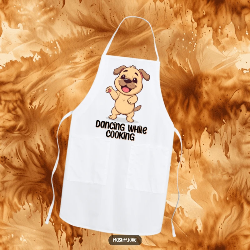 Funny apron featuring a happy mastiff doing a silly wiggle dance, making kitchen tasks humorous and fun for gift recipients.