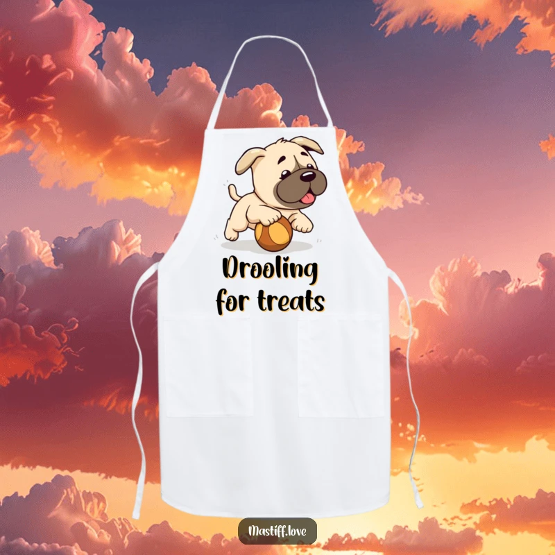 Funny cute mastiff puppy, chasing a rolling ball, playful apron for culinary fun, perfect funny gift.