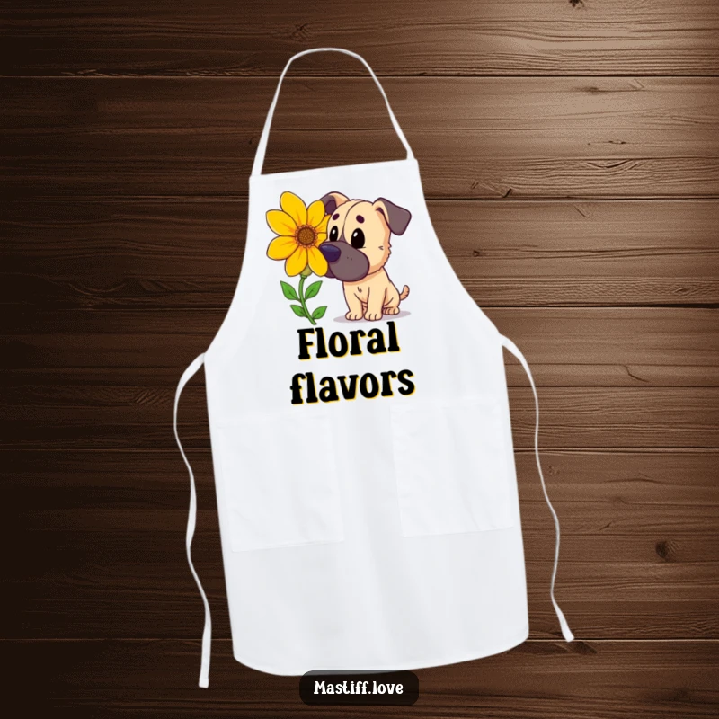 Funny curious mastiff, sniffing a large, brightly colored flower, playful apron for garden cooking, perfect funny gift.
