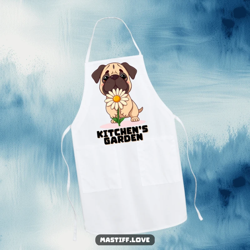 Funny Mastiff Apron: A dog attempts to balance a large daisy with a focused expression, bringing gentle humor to cooking.