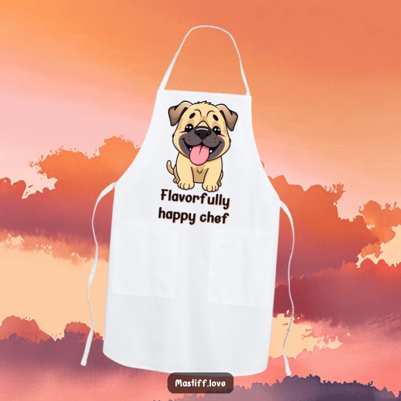 Funny Happy Mastiff Apron: A mastiff shows pure joy with a full-body wag and lolling tongue, perfect for a humorous kitchen apron.