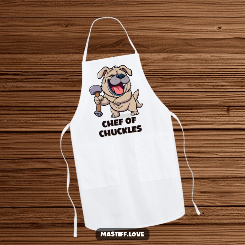 Funny Jovial Mastiff Apron featuring a happy dog roaring with laughter while holding a giant squeaky hammer with a wide, gleeful smile.