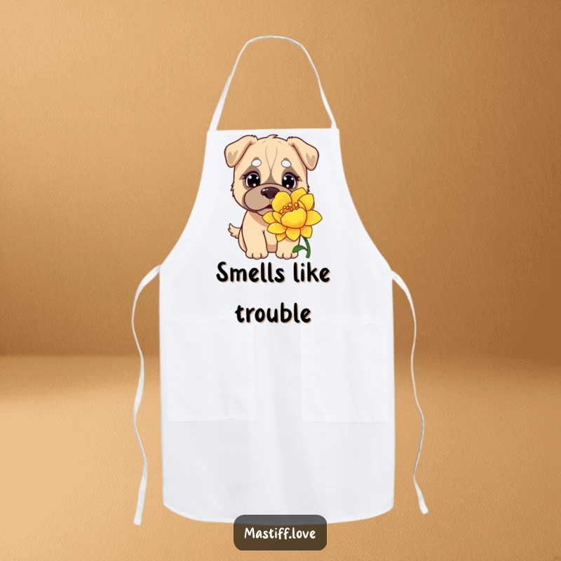Funny Kawaii Mastiff Apron: A curious mastiff in a chef hat, playfully sniffing a giant, whimsical flower near kitchen tools.