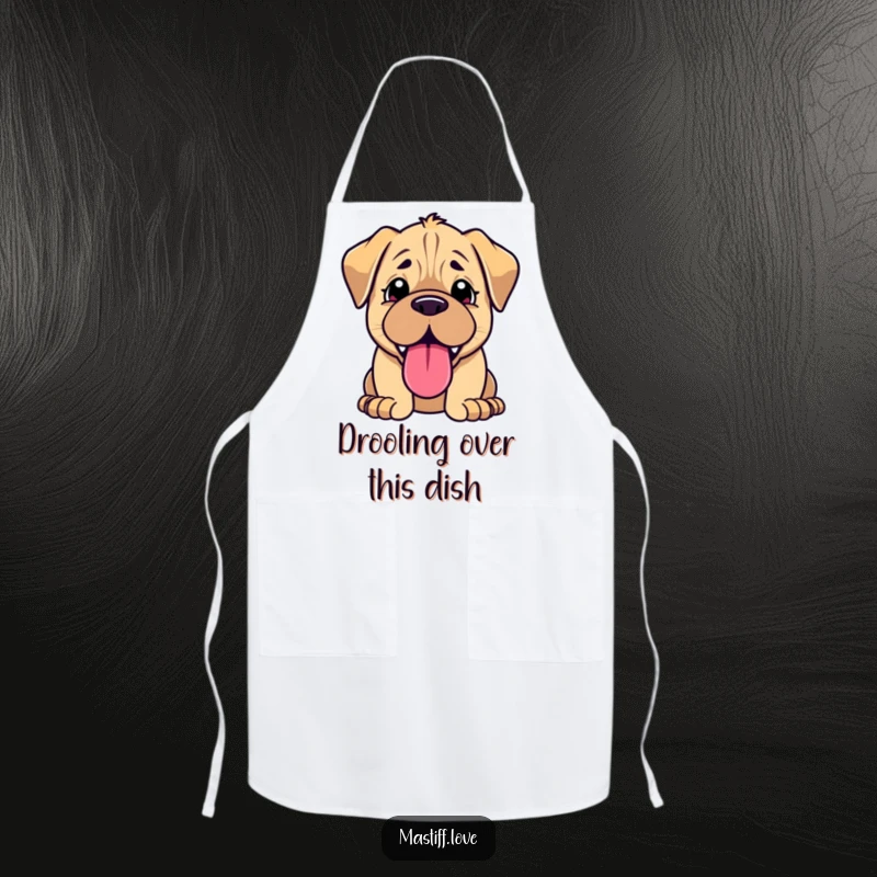 Funny kawaii mastiff apron, cute puppy chef panting with its tongue out, ready for kitchen fun.