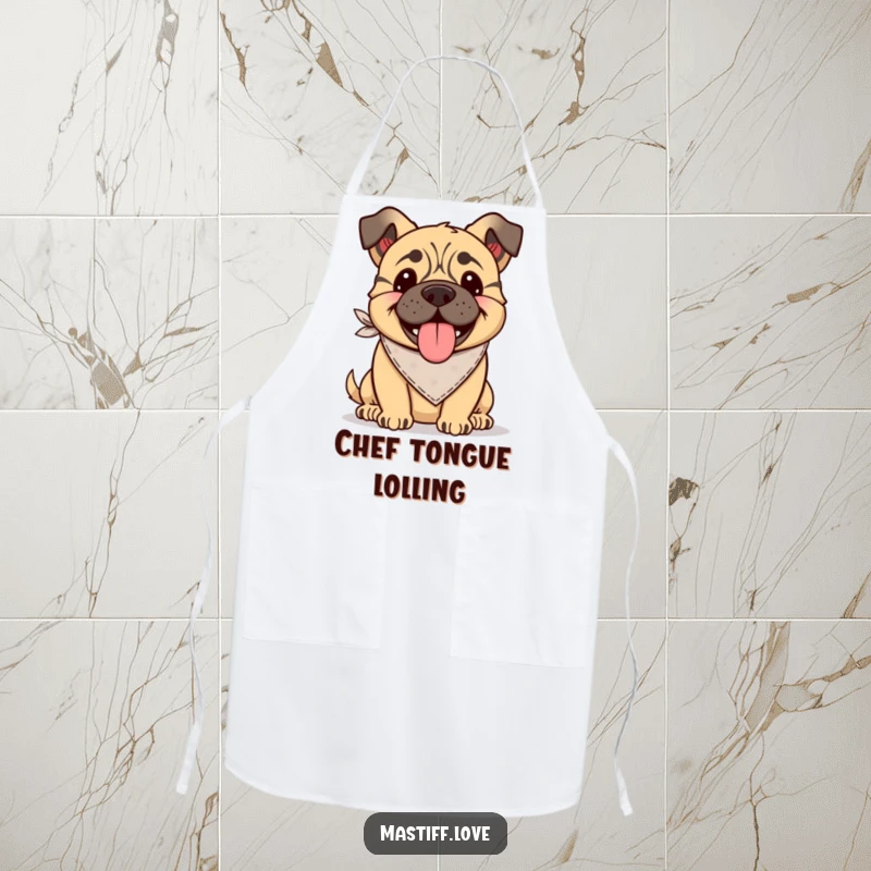 Funny Kawaii Mastiff Apron: An apron featuring a happy mastiff wearing a bandana, tongue lolling out.