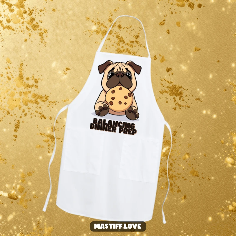 Funny kawaii mastiff apron, a cute skilled dog balancing a large cookie on its snout while cooking, kitchen humor.