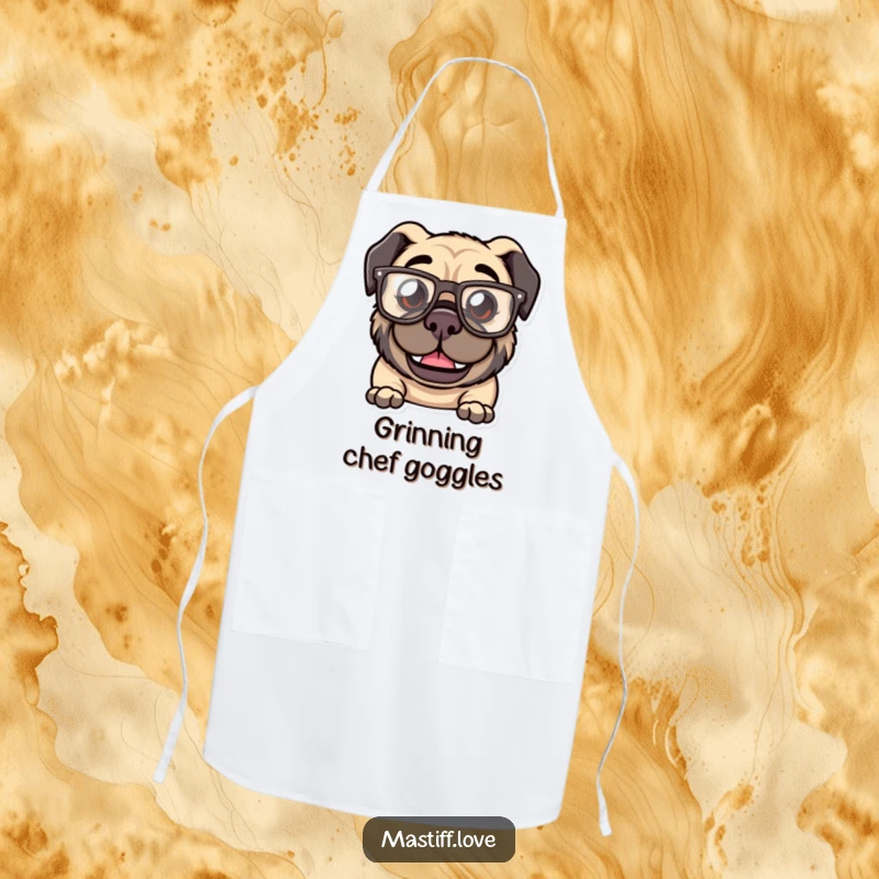 Funny Kawaii Mastiff Apron: An apron featuring a mastiff with a goofy grin and oversized, comical glasses.