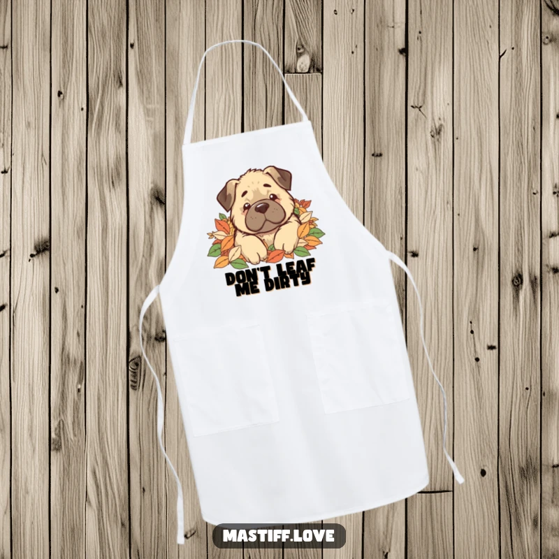 Funny Apron featuring a kawaii mastiff dog peeking out from a pile of autumn leaves, adding a touch of playful autumn spirit.