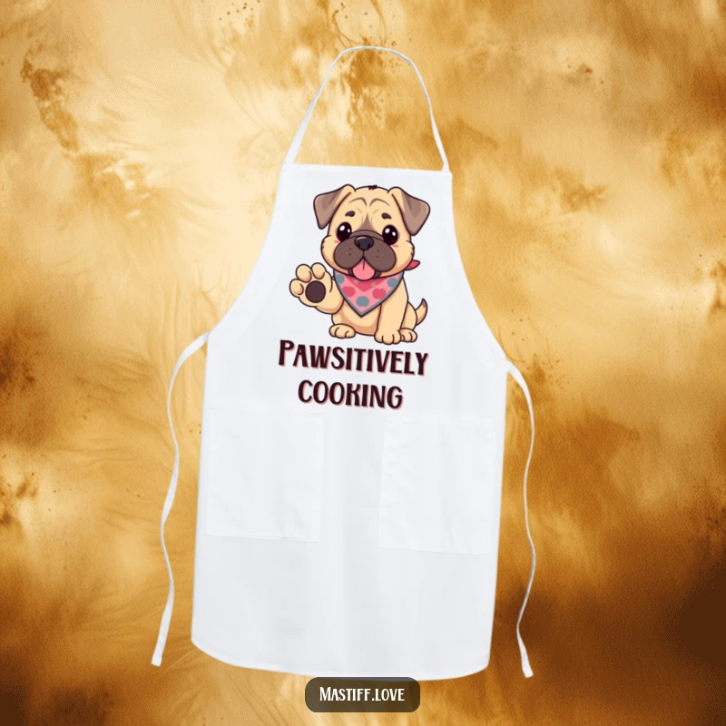 Funny kawaii mastiff apron, a cute dog in a bandana offering its paw, perfect for the friendly home cook.