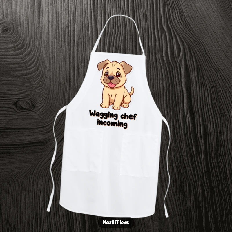 Funny Kawaii Mastiff Puppy Apron: A cute apron featuring a happy mastiff puppy with floppy ears and a wagging tail.
