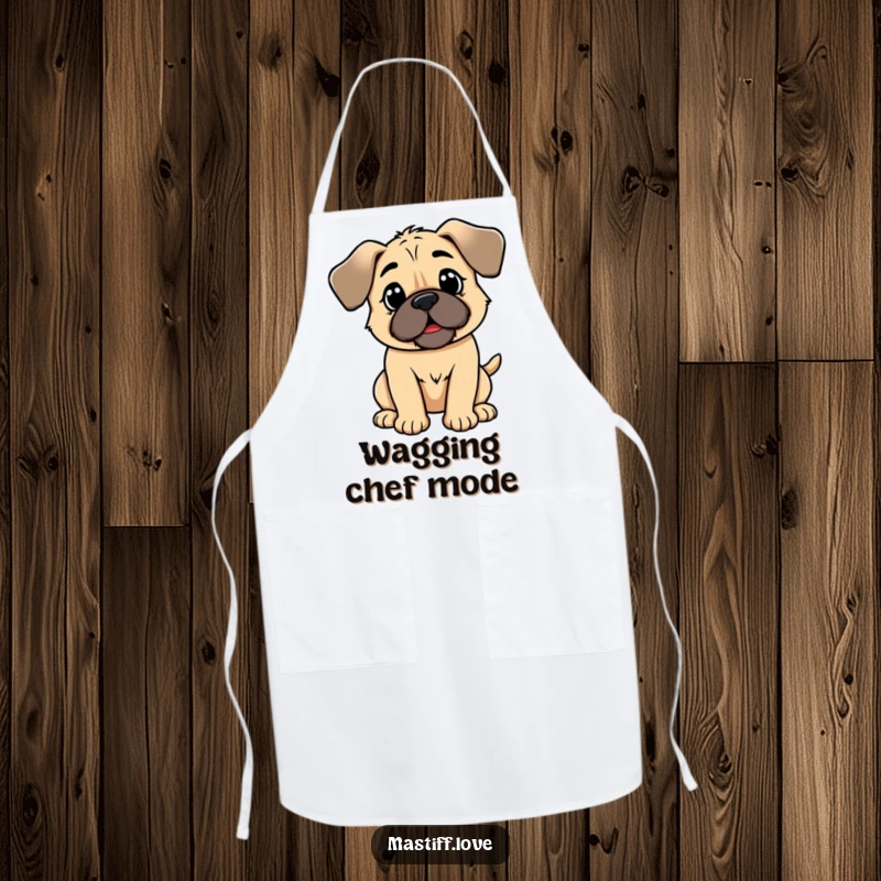 Funny kawaii mastiff apron, a cute dog with floppy ears energetically wagging its tail, adding cheer to cooking.