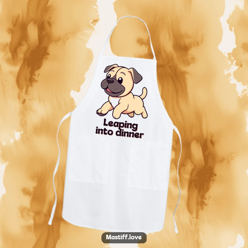 Funny apron with a cute mastiff puppy leaping happily, tail wagging, ready for kitchen fun.