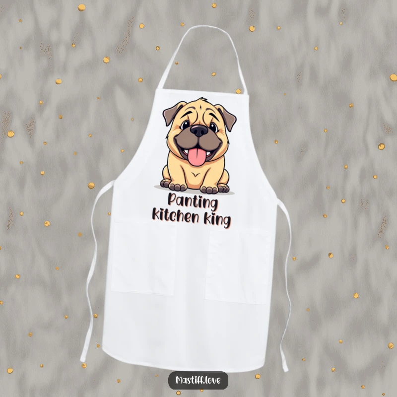 Funny mastiff apron featuring a large, cuddly dog with a goofy smile, panting happily, perfect for adding humor to cooking.