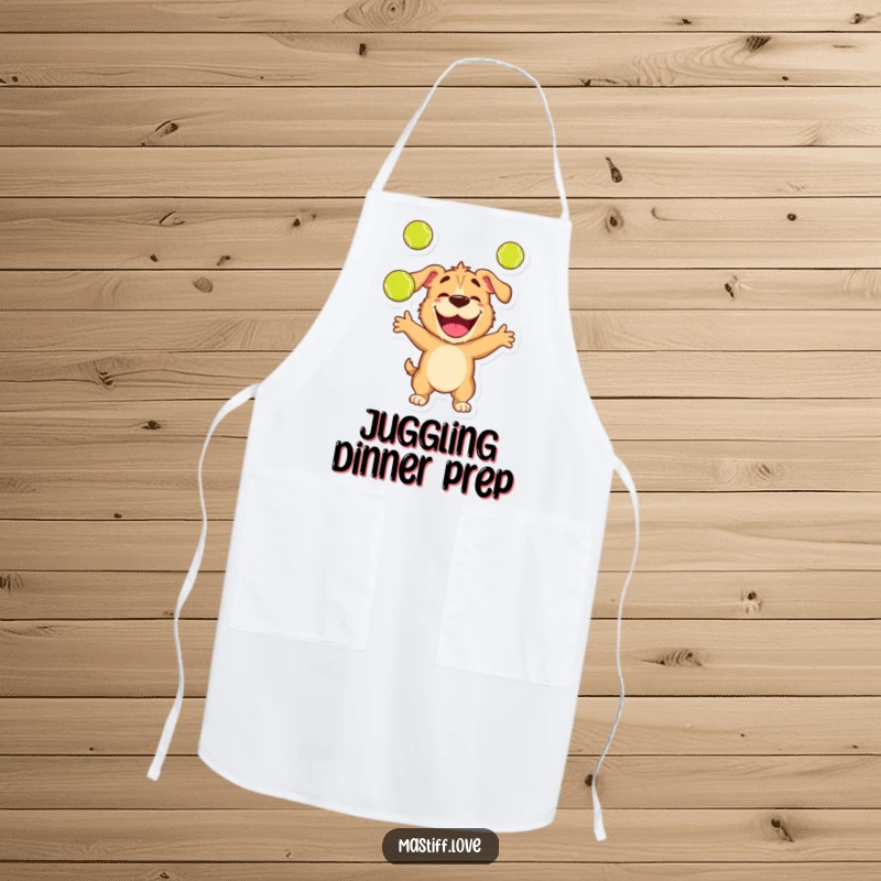 Funny apron depicting a happy mastiff character energetically juggling three tennis balls with a joyful expression.