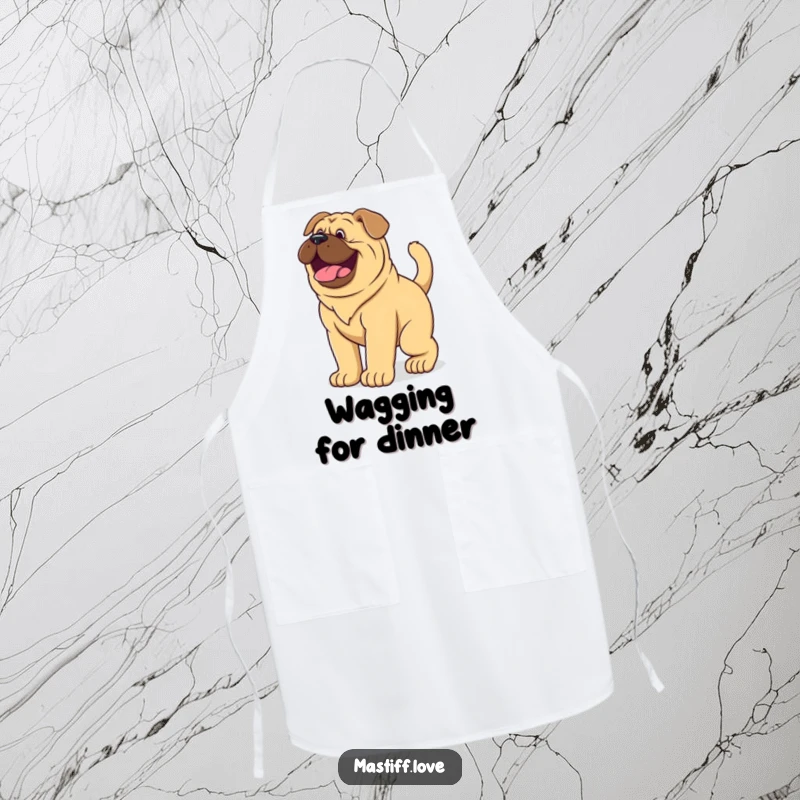 Funny Apron depicting a giant mastiff puppy wagging its tail vigorously, ready to add joy to the kitchen.