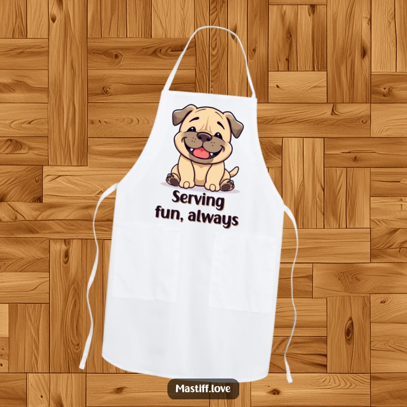 Funny Mastiff Apron: A dog with a broad grin performs a playful bow, bringing cheerful energy to cooking.