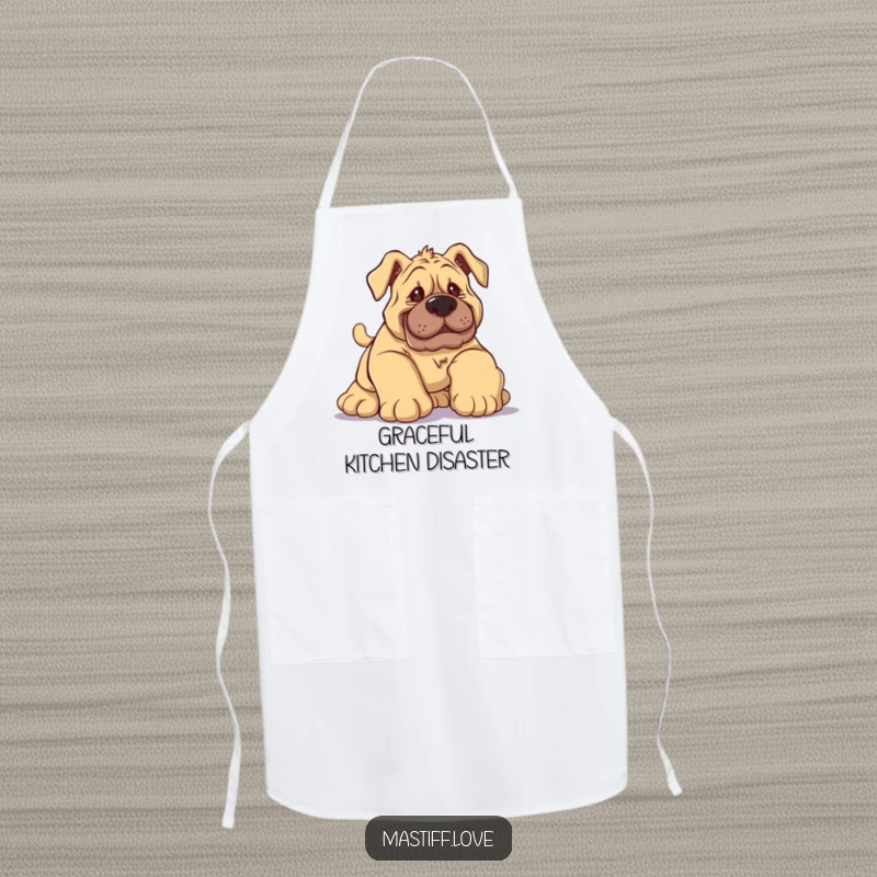 Funny Mastiff Apron featuring a silly dog comically tripping over its huge paws with a funny, slightly panicked look.