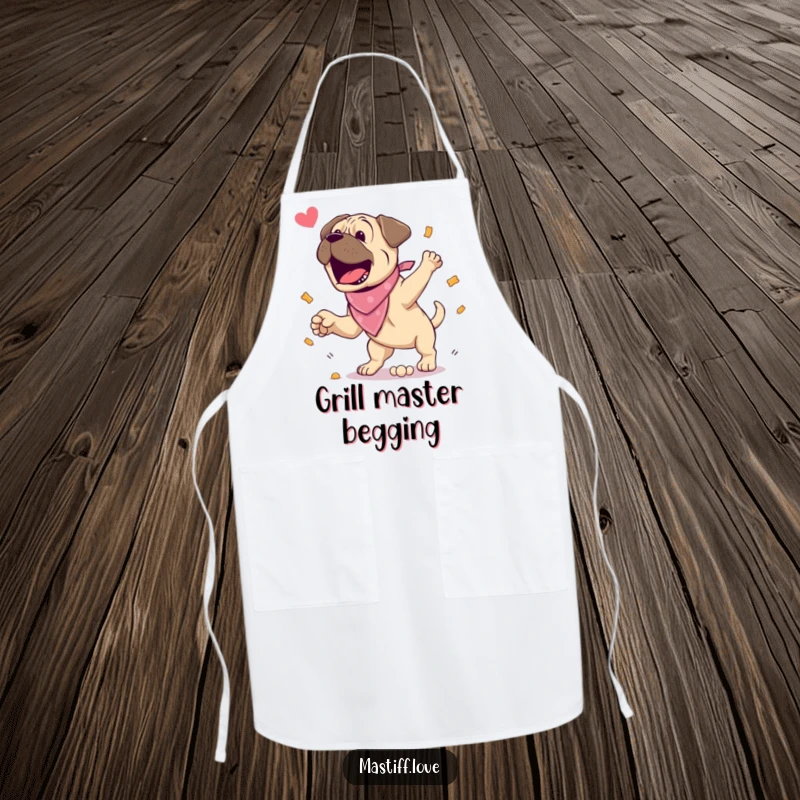 Funny Apron: An excited mastiff wearing a bandana jumps for a treat, adding humor to cooking. A practical and amusing kitchen accessory.