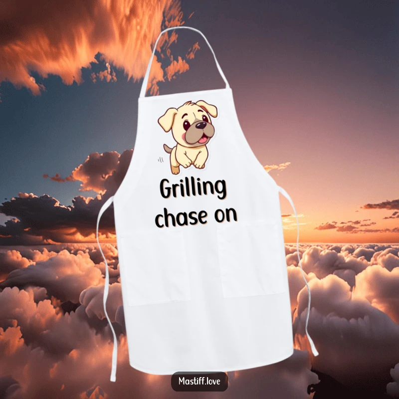 Funny apron depicting a kawaii mastiff with droopy ears, enthusiastically participating in a silly chase, perfect for kitchen fun.