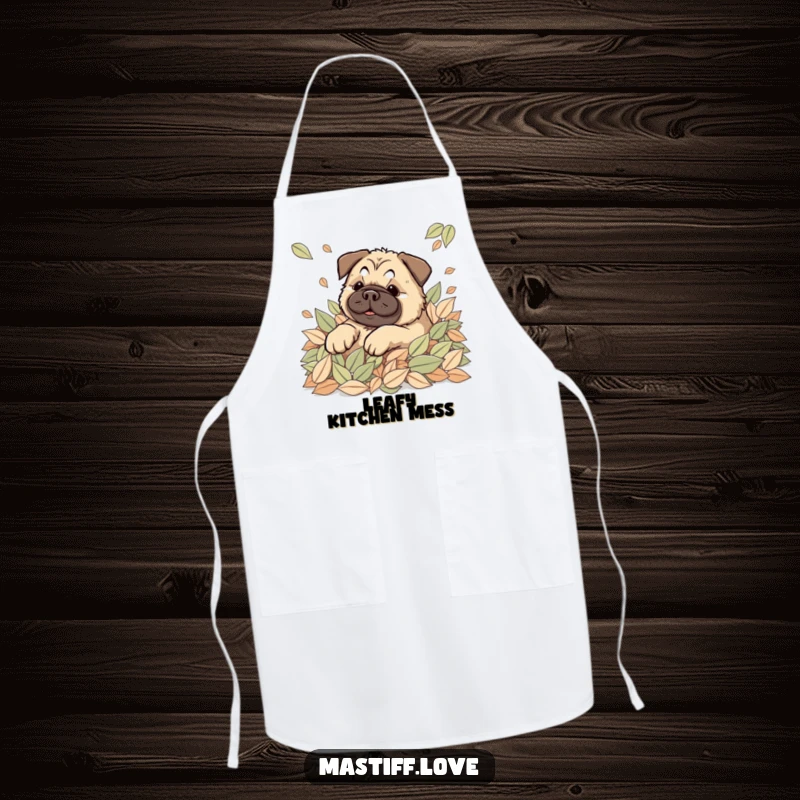 Happy Kawaii Mastiff Apron showing a cute dog joyfully rolling in leaves, perfect for autumn cooking.