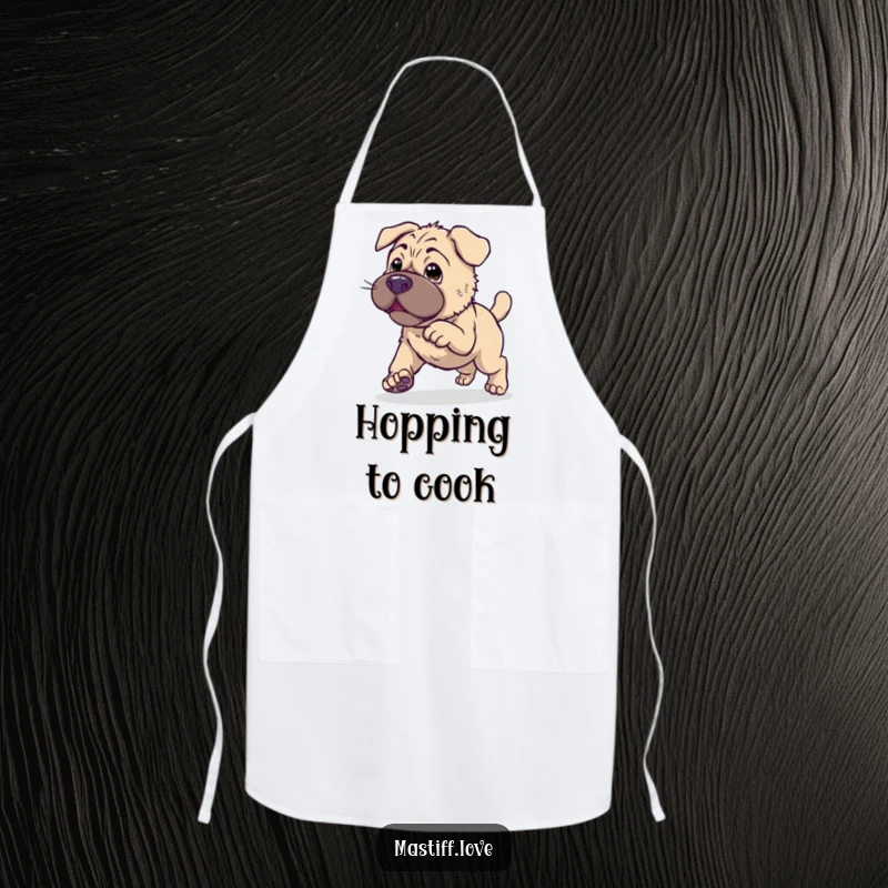 Clumsy Kawaii Mastiff Apron showing a cute dog endearingly trying to hop, adding humor to the kitchen.