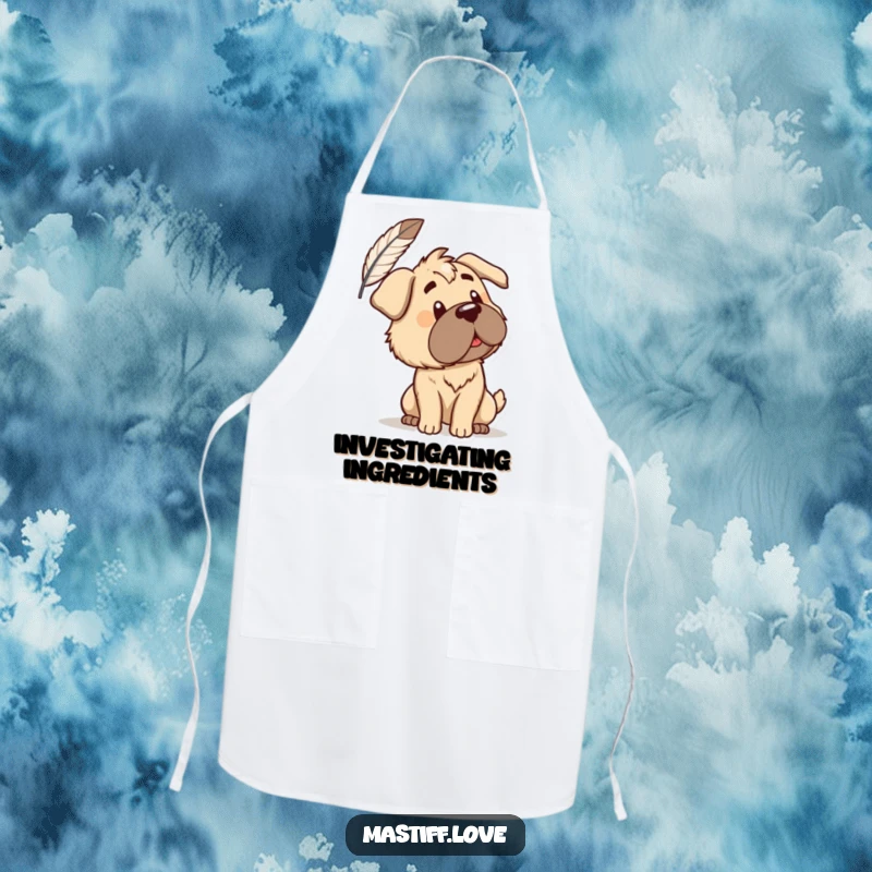 Funny Apron: A curious mastiff tilts its head at a floating feather, adding gentle humor to cooking. A practical and amusing kitchen accessory.