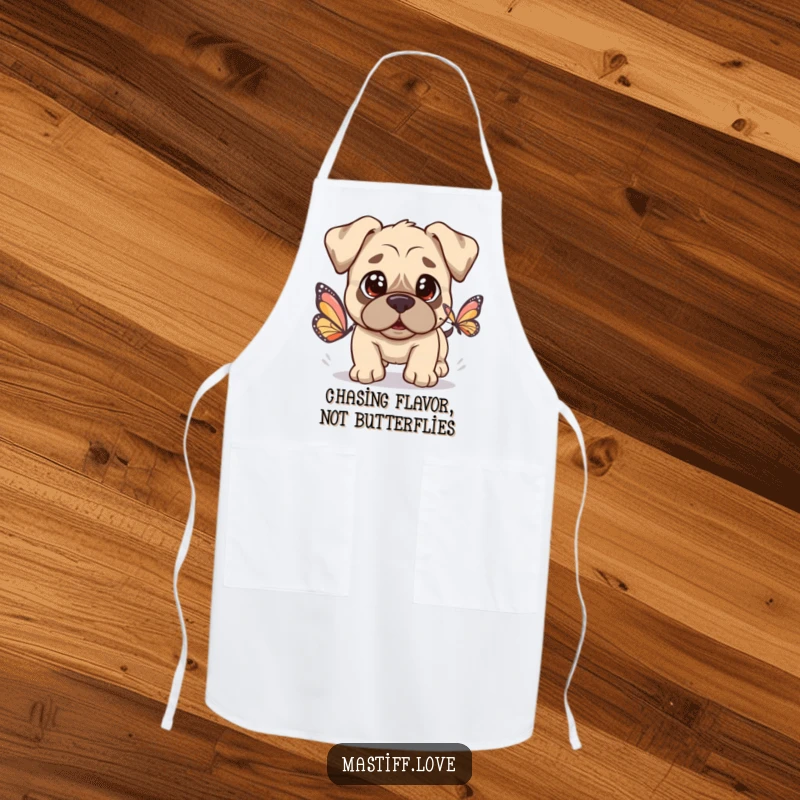 Kawaii Mastiff Apron showing a cute dog with innocent eyes chasing a butterfly, adding charm to the kitchen.