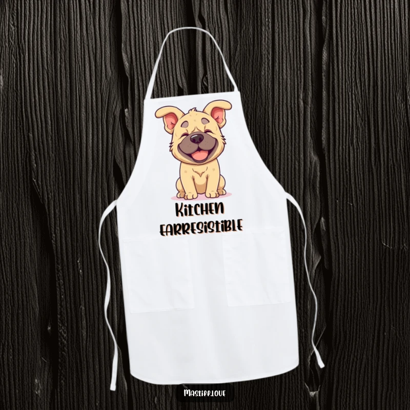 Funny kawaii mastiff apron featuring a mastiff joyfully shaking its head, its floppy ears flying, making cooking more fun.