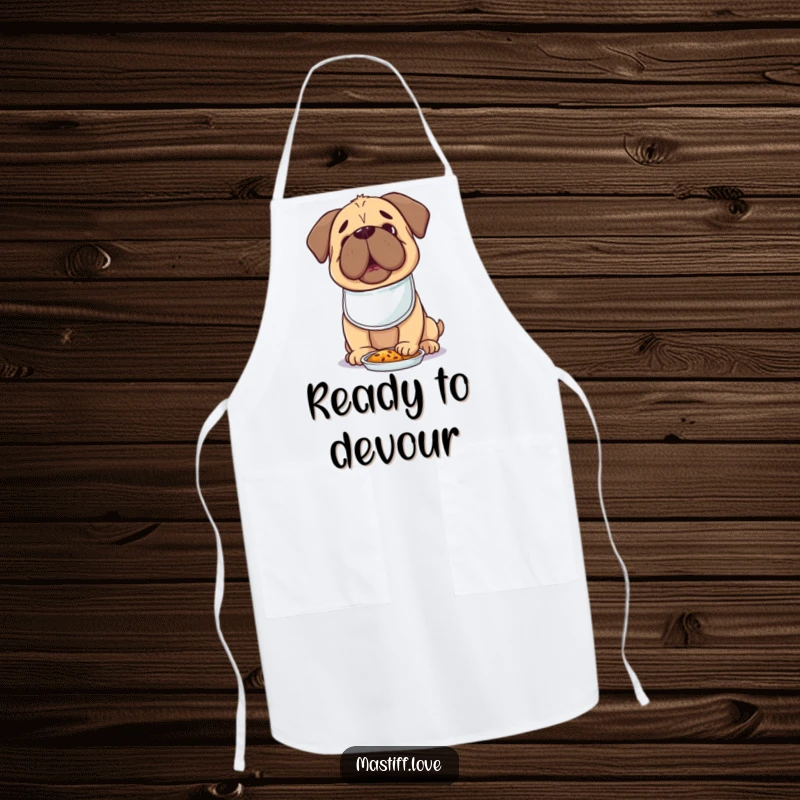 Hungry Kawaii Mastiff Apron showing a cute dog in a tiny bib, eagerly anticipating food, perfect for cooking.