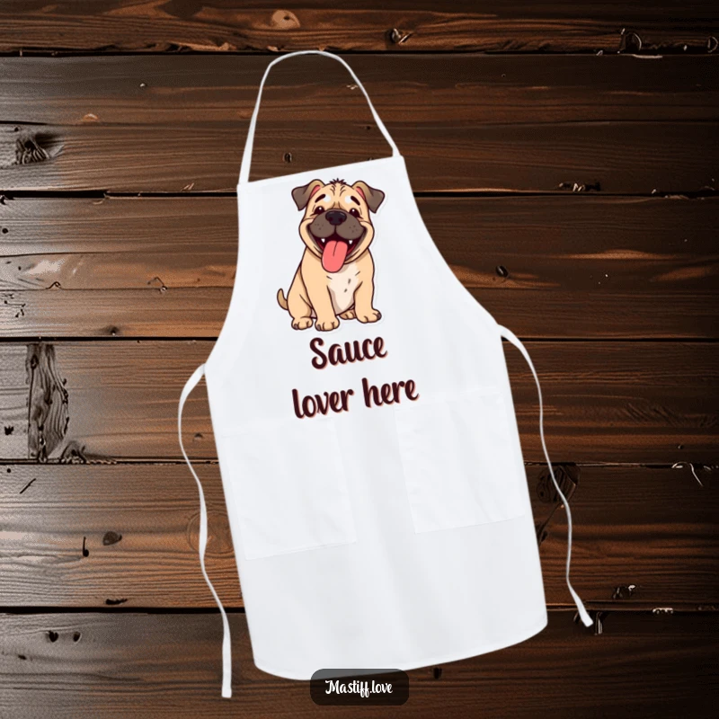 Funny happy mastiff, tongue lolling out, panting with cartoon joy, playful apron for cooking, perfect funny gift.