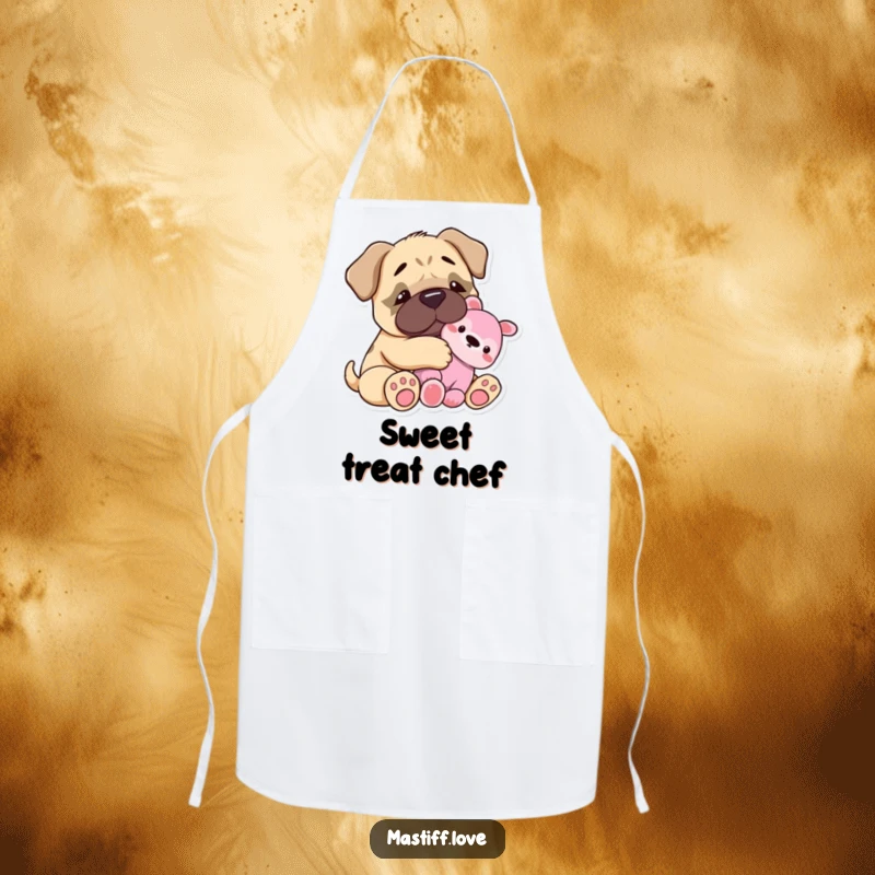 Funny Apron: A tiny mastiff happily snuggles a plush toy, adding heartwarming humor to cooking. A practical and cute kitchen accessory.