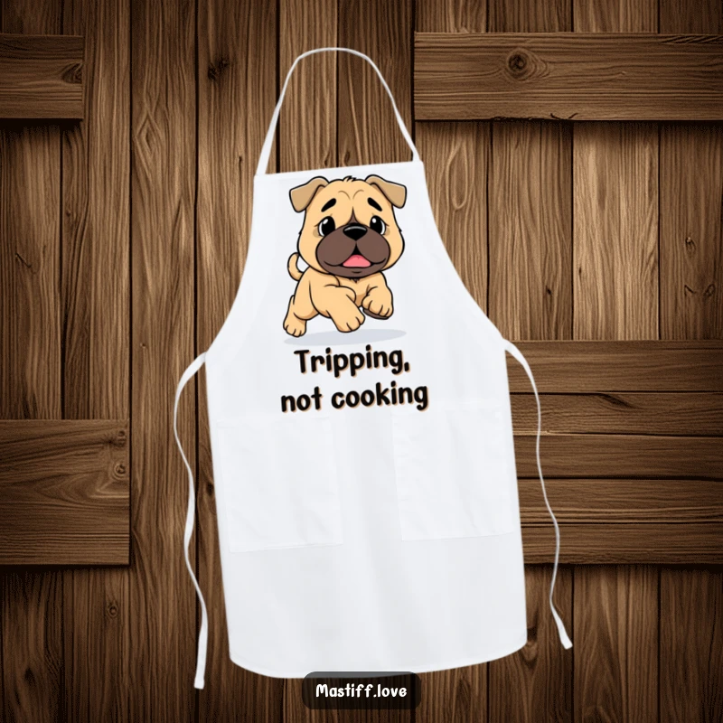 Funny Mastiff Tripping Apron: An adorable mastiff with oversized paws is depicted tripping while running, a humorous kitchen accessory.
