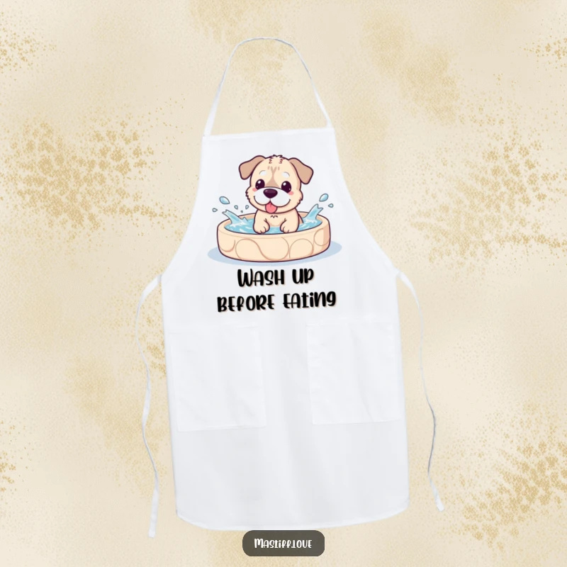 Funny Apron decorated with a kawaii mastiff dog splashing playfully in a small pool, perfect for a fun kitchen vibe.