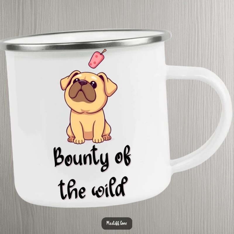 Funny Mastiff Camping Mug: A dog with floppy ears gazes up at a floating treat, perfect for outdoor snack lovers.