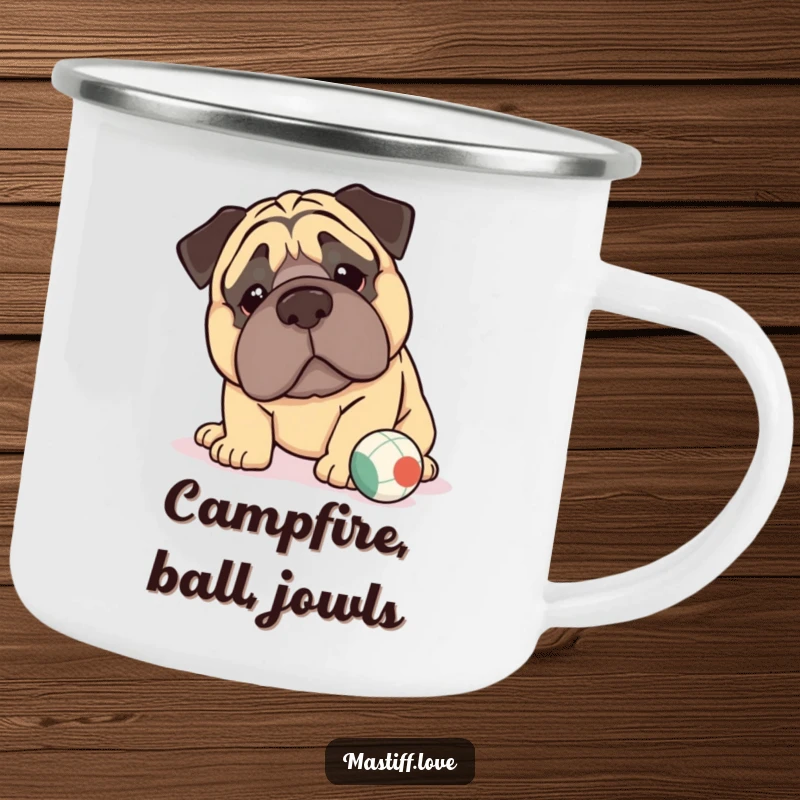 Funny kawaii mastiff camping mug with large jowls gently nudging a ball, perfect for enjoying drinks during outdoor adventures.