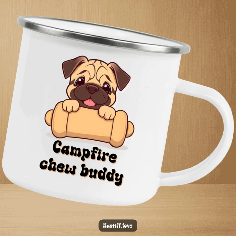 Funny mastiff puppy camping mug showing a joyful puppy peeking from an oversized chew toy, ideal for outdoor fun.