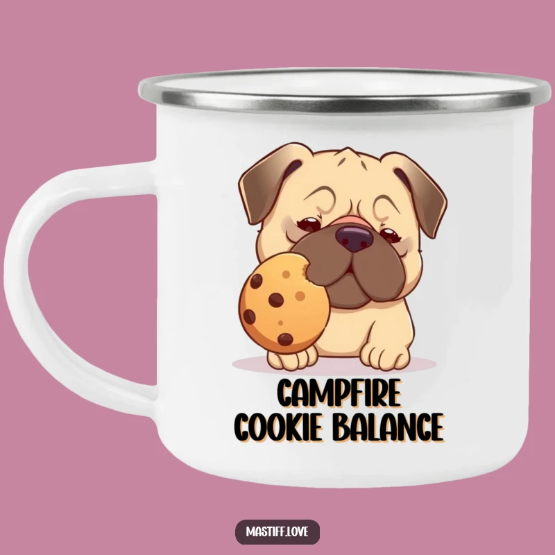 Funny Kawaii Mastiff Camping Mug: Cookie Balance Treat, Perfect Outdoor Gift