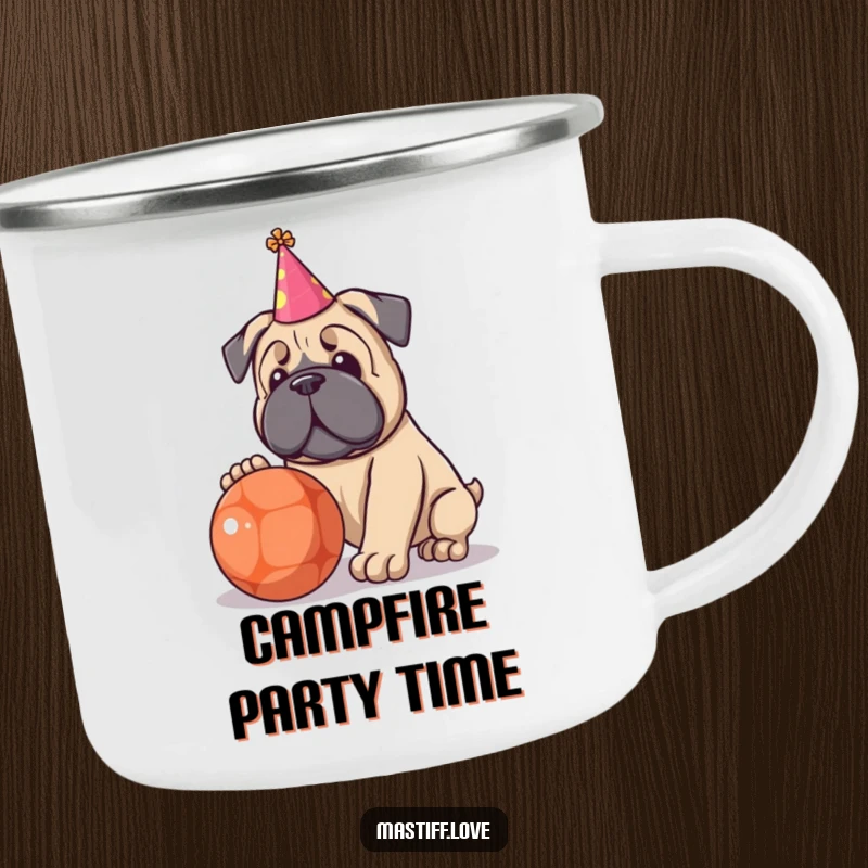 Funny camping mug with a kawaii Mastiff wearing a tiny party hat, playing with a large ball.