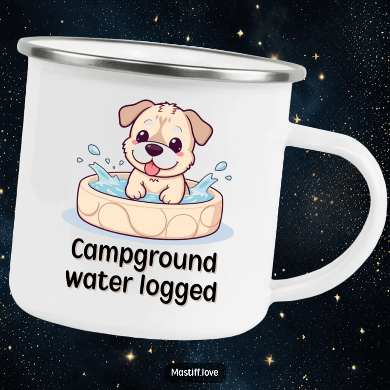 Funny Camping Mug with a kawaii mastiff dog joyfully splashing in a pool, ideal for enjoying beverages outdoors.