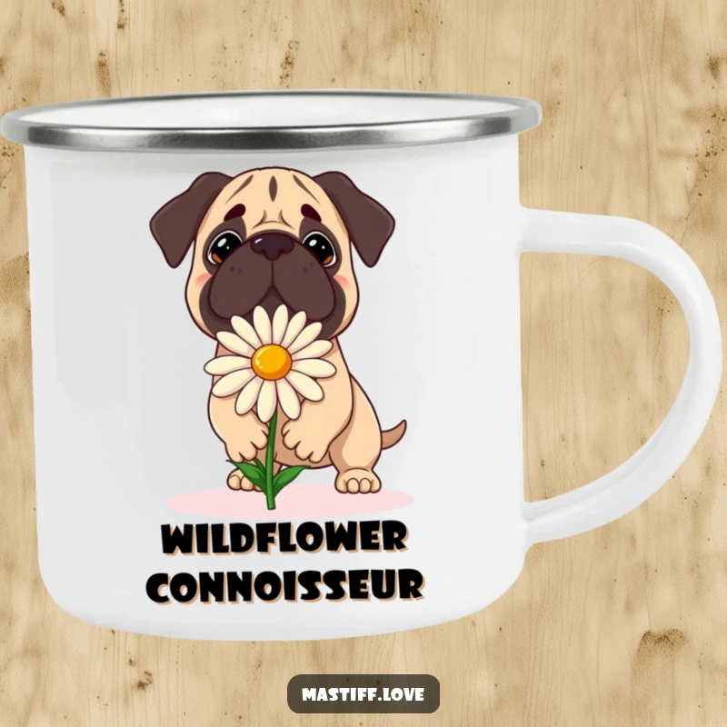 Funny Mastiff Camping Mug: A dog attempts to balance a large daisy with a focused expression, perfect for outdoor whimsy.
