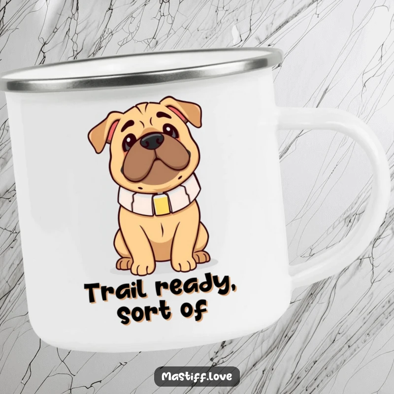Funny Mastiff Camping Mug: A dog looks endearingly clumsy in an oversized collar, perfect for outdoor humor.