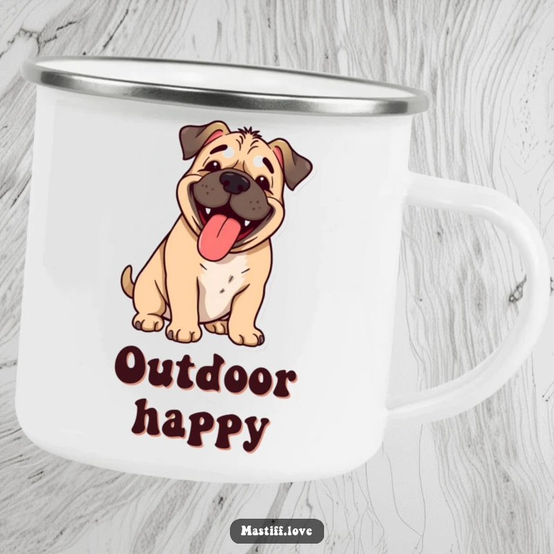 Funny happy mastiff, tongue lolling out, panting with cartoon joy, durable camping mug, perfect funny gift.