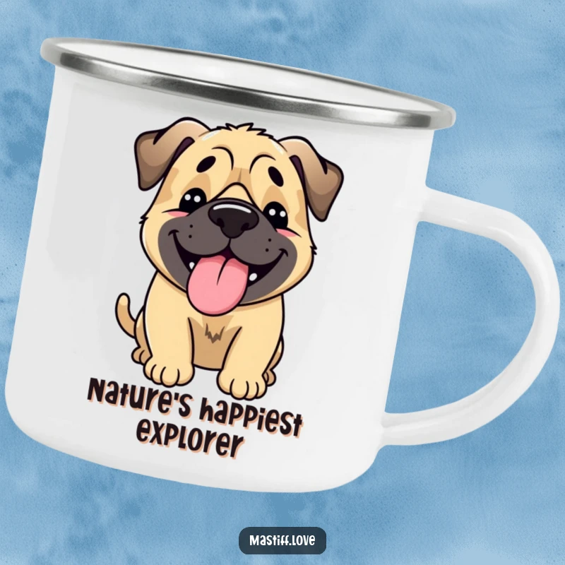 Funny Happy Mastiff Camping Mug: A mastiff's full-body wag and lolling tongue signal pure joy on this robust camping mug.