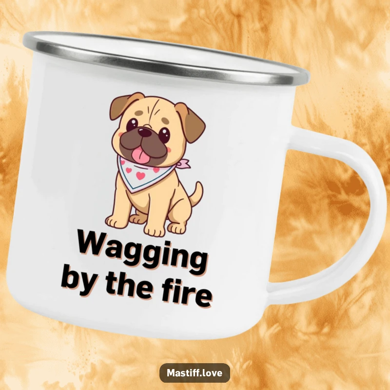Funny kawaii mastiff camping mug with a mastiff wearing a bandana and wagging its tail, perfect for enjoying drinks outdoors.